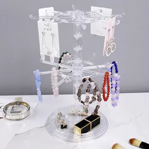 Rotating acrylic jewelry organizer with adjustable height for earrings and necklaces