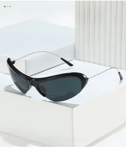 Detail of streamlined sports sunglasses with black frames and silver metal temples