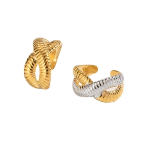 Crossed textured 18k gold plated twist ring featuring an adjustable opening design