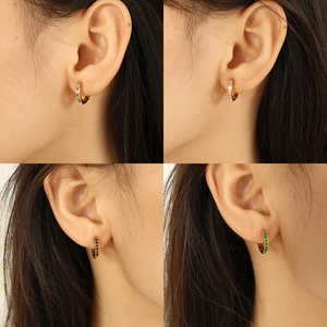 Minimalist gold-plated stainless steel hoop earrings with colorful micro-inlaid zircon