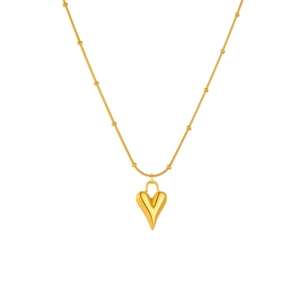 Golden stainless steel beaded chain necklace with a 3D heart pendant on white background
