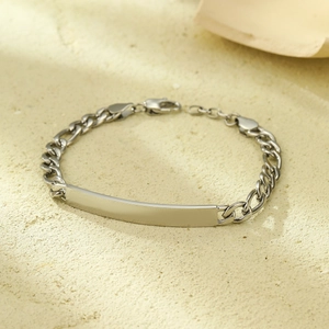 Sleek silver stainless steel Cuban chain bracelet with a blank engravable flat metal plate