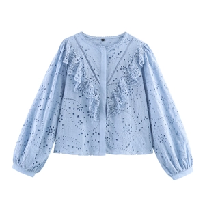 Blusa Donna Maniche Lunghe Cotone Poliestere Ricamo Inglese Traforato Girocollo Paisley Casual Elegante Maglia Top
