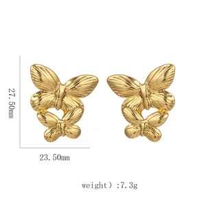 Detailed macro view of 18k gold butterfly earrings with wings texture and polished finish