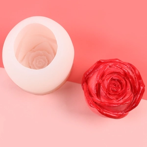 Detail of 3D rose silicone mold with finished red flower sculpture for DIY resin art