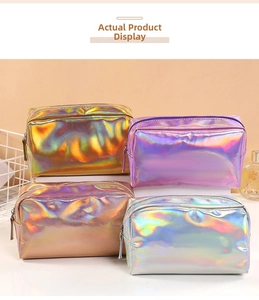 Detailed close-up of holographic laser PU makeup bags in four assorted metallic colors
