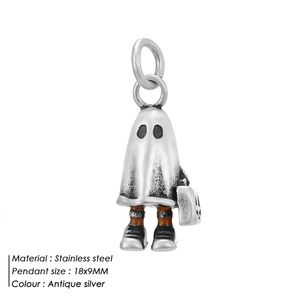 Ghost charm pendant in antique silver stainless steel with pumpkin lantern detail