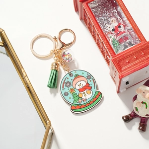 Christmas Snowman Keychain Wooden Alloy Pendant With Green Leather Tassel And Colorful Sequin Ball Xmas Bag Charm Gift