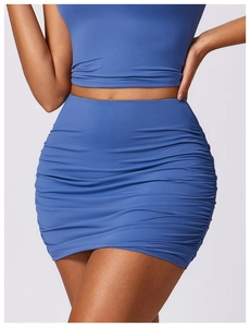 Detailed view of royal blue high waist ruched mini skirt with elastic slimming design