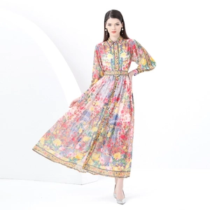 Vintage Maxikleid mit Blumenmuster, Laternenärmeln, Reverskragen und Gürtel für Damen
