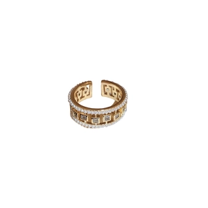 Gold hollow geometric ring with white pearl and square zircon in an open adjustable design