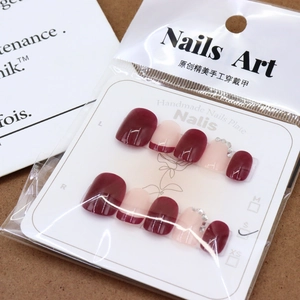 French style red press-on nails with silver rhinestones and glossy finish, 10-piece set