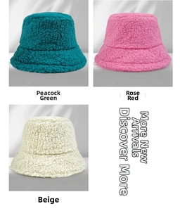 Detailed texture of lamb wool bucket hats in peacock green, rose red and beige colors