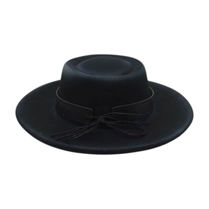 Detail of classic black wool felt fedora featuring a stylish leather belt and cord knot