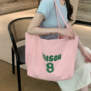 Pink large canvas tote bag with green Maison 8 print for women casual daily use