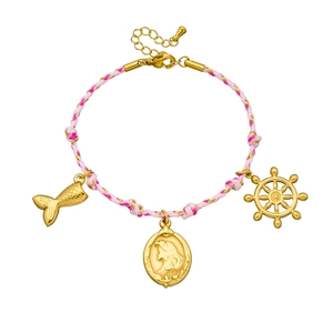 Bracelet tressé rose avec pendentifs dorés sirène, queue de poisson et gouvernail