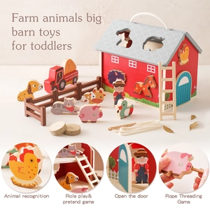 Toddler farm animal barn toy detail showing role play and rope threading functions