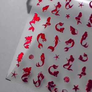 Red laser mermaid nail art stickers with sea shells and starfish on transparent backing