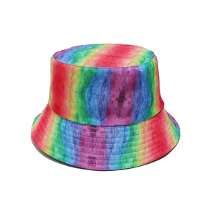 Detailed view of colorful rainbow tie-dye bucket hat with parallel stitched brim lines