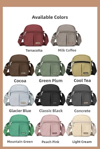 Grid display of 11 vibrant colors for the waterproof nylon crossbody bag and shoulder strap