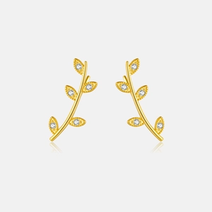 Elegant S925 sterling silver leaf stud earrings with white zircon on grey background