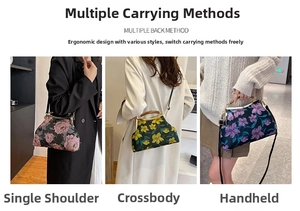 Detail view of retro floral embroidery bags with bamboo handles and metal clasps