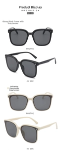 Front and side view of square oversized sunglasses with silver metal accents and gray lenses