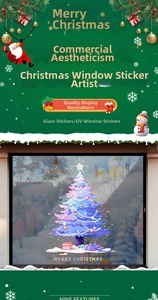 Detail of UV printed purple Christmas tree glass sticker with festive gift box patterns