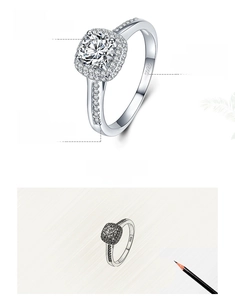 Detail view of s925 silver ring with large square zircon and luxury design sketch