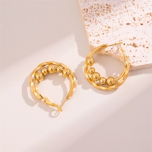 Chic twisted gold stainless steel double hoop earrings with five metallic beads accent