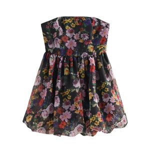 Women Strapless Mini Dress Floral Print High Waist Organza Puffy Bubble Skirt Sweet Party Tube Top Dress Black