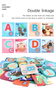 Detail of soft fabric alphabet cards with cartoon animals and words for early learning
