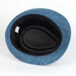 Detail view of linen fedora inner lining showing 58cm size label and sweatband