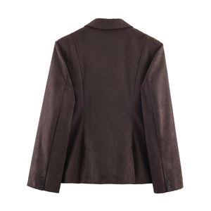Women's dark brown corduroy blazer with slim fit back view and buttoned cuffs