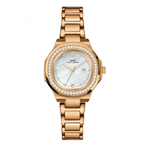 Detail of rose gold watch with diamond bezel, date window and mother of pearl dial