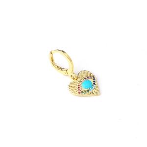 Golden heart drop earring with turquoise evil eye and colorful zircon in ethnic style