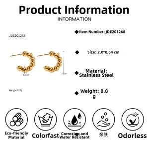 Detailed size specifications for gold twisted C-shape stainless steel earrings 2x0.54cm