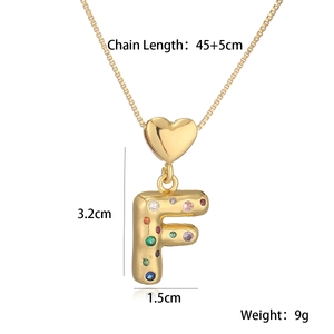 Detailed dimensions of 18K gold plated letter F pendant necklace with colorful zircons