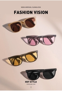 Detailed display of four retro square folding sunglasses in various fashion colors