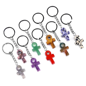 Amethyst Ankh cross keychain made of natural stones for DIY home decor and key accessories