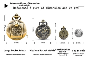 Size comparison chart for colorful Roman dial pocket watches with dimensions and weight