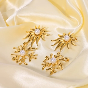 Exaggerated 18K gold stainless steel coral branch earrings with elegant white pearls