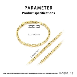 Detailed size parameters for gold stainless steel chain necklace and bracelet set