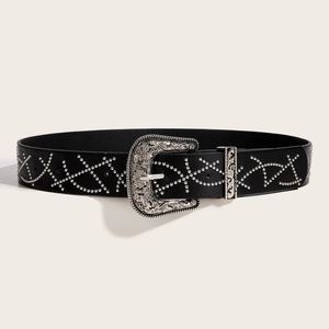 Black leather punk belt with western silver carved buckle and diamond rivet patterns