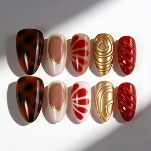 Leopard Print Press On Nails 3D Embossed French Tip Glossy Short Almond Shape Artificial Manicure For Women