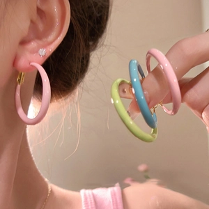 Enamel Hoop Earrings With Silver Earring Post Colorful Glazed Geometric Large Circle Summer Sweet Fashion Women