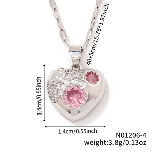 Detailed size specifications of pink heart zircon pendant necklace with silver chain