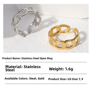 Detail view of gold and silver chain textured stainless steel open rings with size specs