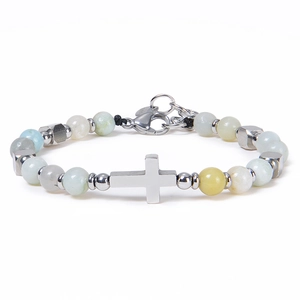 Detail of beaded cross bracelet with Amazonite stones and polished stainless steel clasp