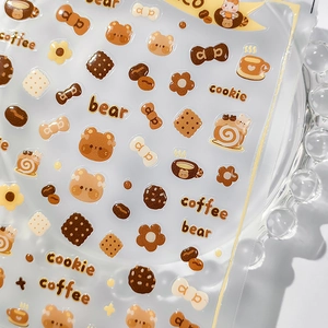 3D Embossed Nail Stickers Cartoon Coffee Bear Cookie Cute Self Adhesive Decals For Kids Women Nail Art Decoration Manicure
